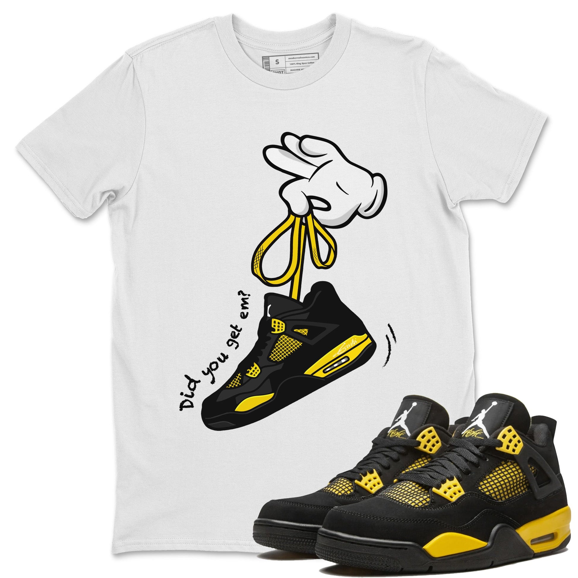 Air Jordan 4 Thunder Sneaker Match Tees Cartoon Hands Sneaker Tees Air Jordan 4 Retro Thunder Sneaker Release Tees Unisex Shirts White 1