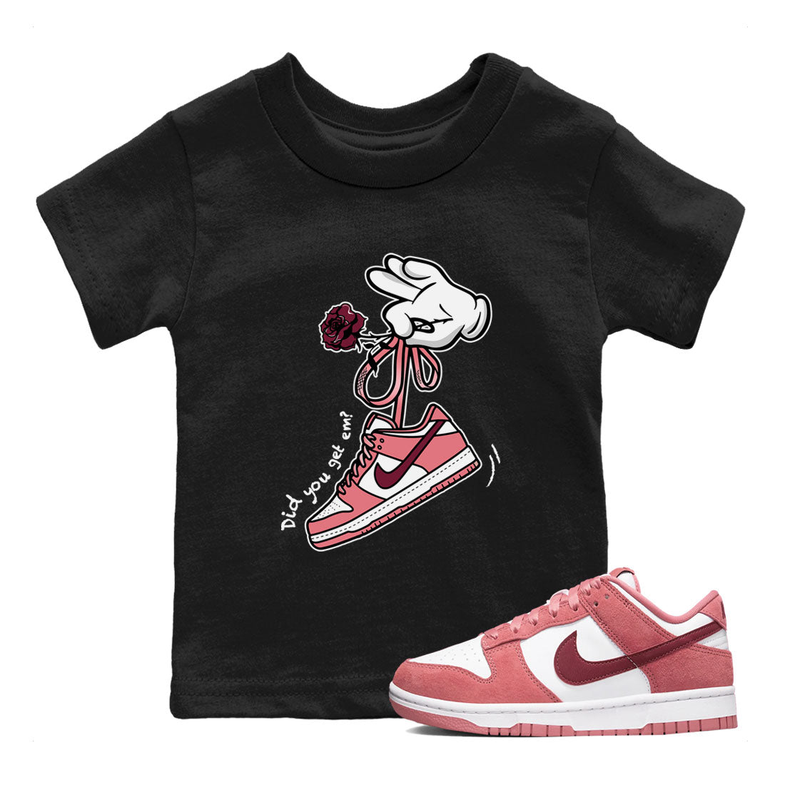 Dunks Valentines Day shirt to match jordans Cartoon Hands sneaker tees Dunks Valentine's Day SNRT sneaker release tees baby toddler Black 1 cotton Shirt