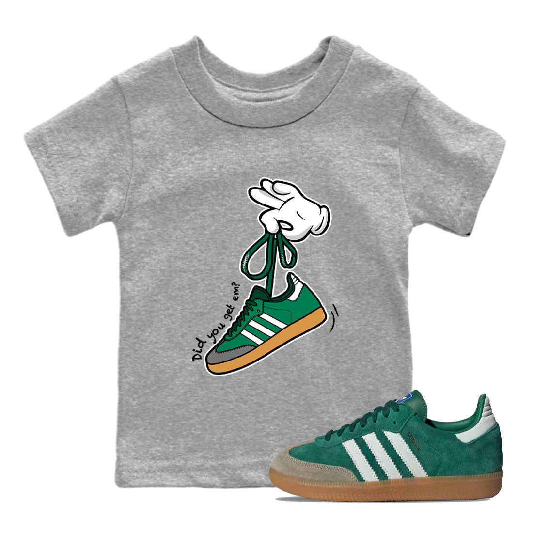 Adidas Samba Collegiate Green Gum shirt to match jordans Cartoon Hands sneaker tees Samba Collegiate Green Gum SNRT Sneaker Release Tees Baby Toddler Heather Grey 1 T-Shirt