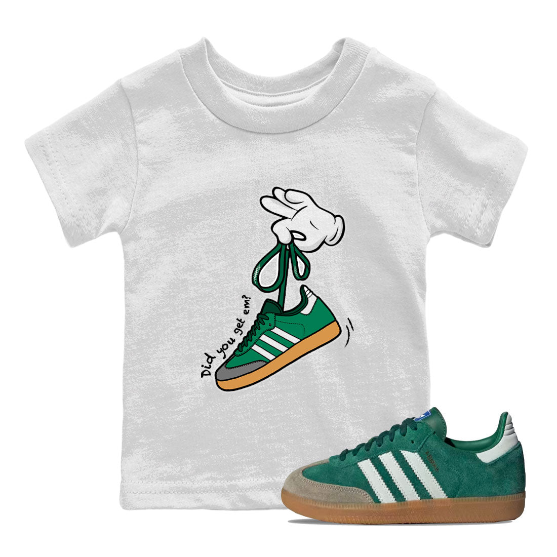 Adidas Samba Collegiate Green Gum shirt to match jordans Cartoon Hands sneaker tees Samba Collegiate Green Gum SNRT Sneaker Release Tees Baby Toddler White 1 T-Shirt