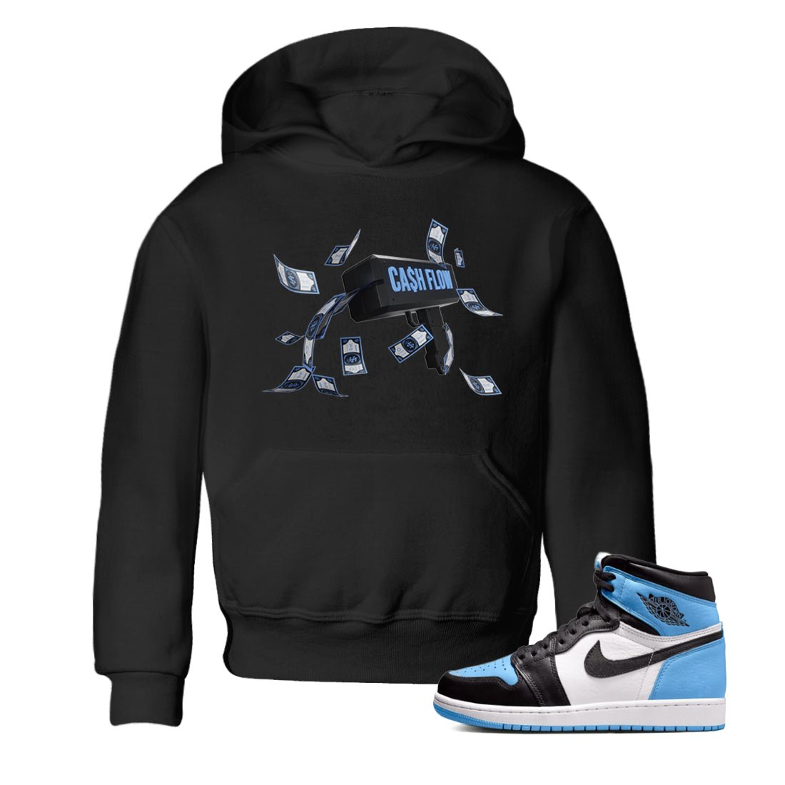Air Jordan 1 Retro High OG UNC Toe Shirt to match Jordans Cash Flow Sneaker Tees 1s UNC Toe SNRT Sneaker Release Tees Kids and Baby Tees Black 1
