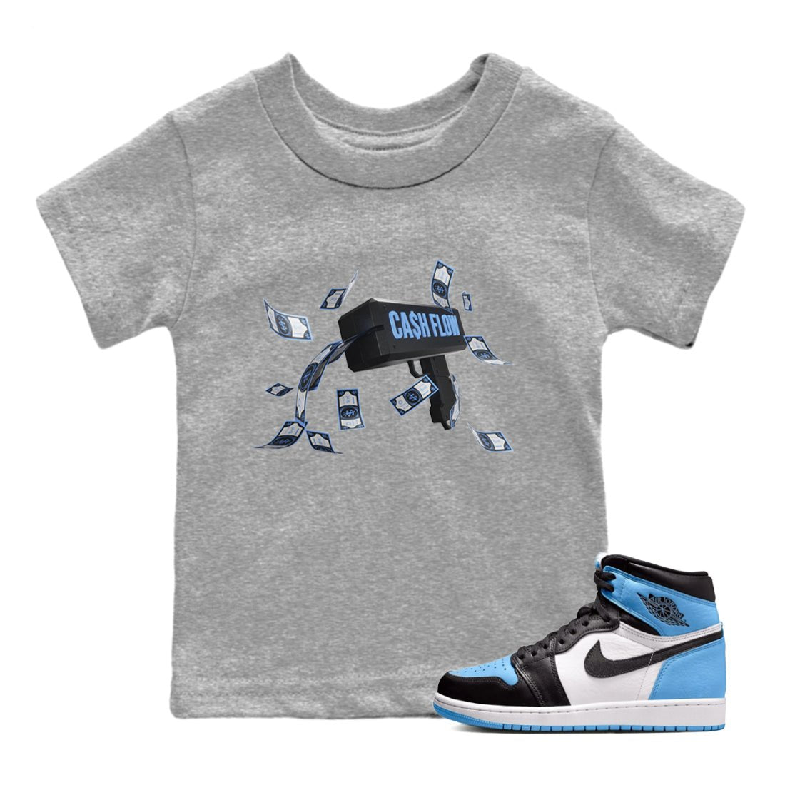 Air Jordan 1 Retro High OG UNC Toe Shirt to match Jordans Cash Flow Sneaker Tees 1s UNC Toe SNRT Sneaker Release Tees Kids and Baby Tees Heather Grey 1