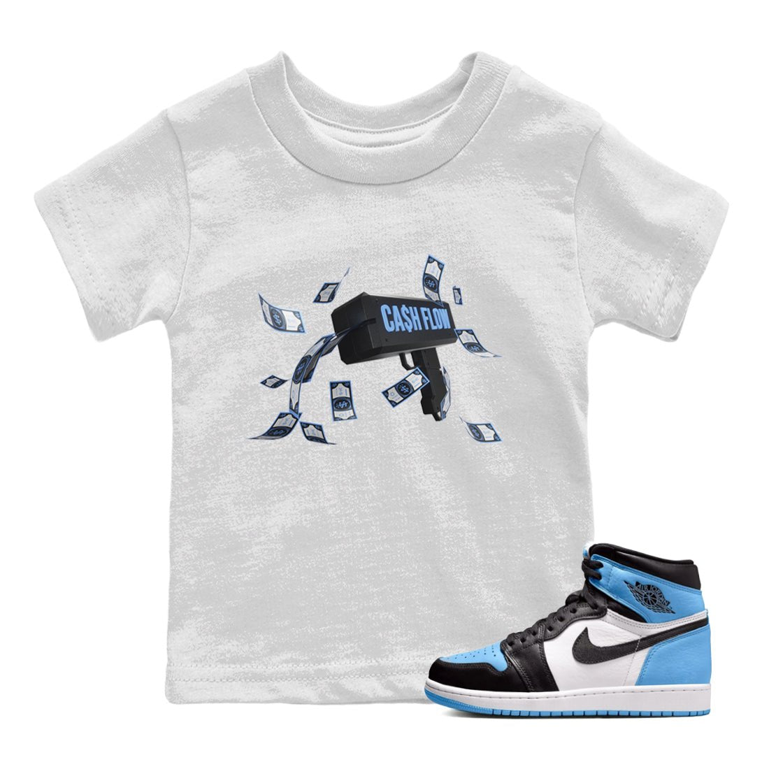 Air Jordan 1 Retro High OG UNC Toe Shirt to match Jordans Cash Flow Sneaker Tees 1s UNC Toe SNRT Sneaker Release Tees Kids and Baby Tees White 1