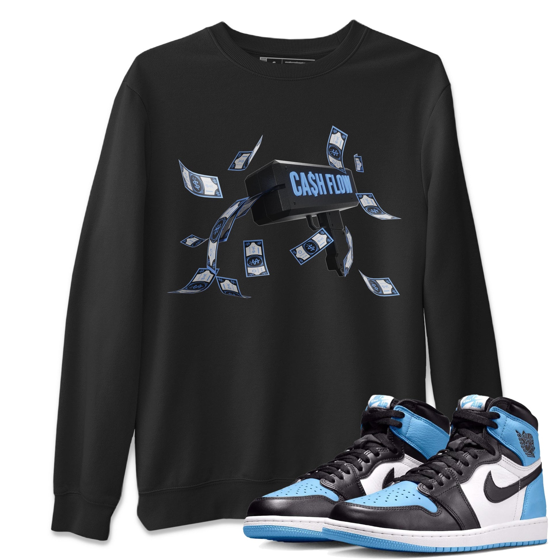 Air Jordan 1 Retro High OG UNC Toe Shirt to match Jordans Cash Flow Sneaker Tees 1s UNC Toe SNRT Sneaker Release Tees Crew Neck T-Shirts Black 1