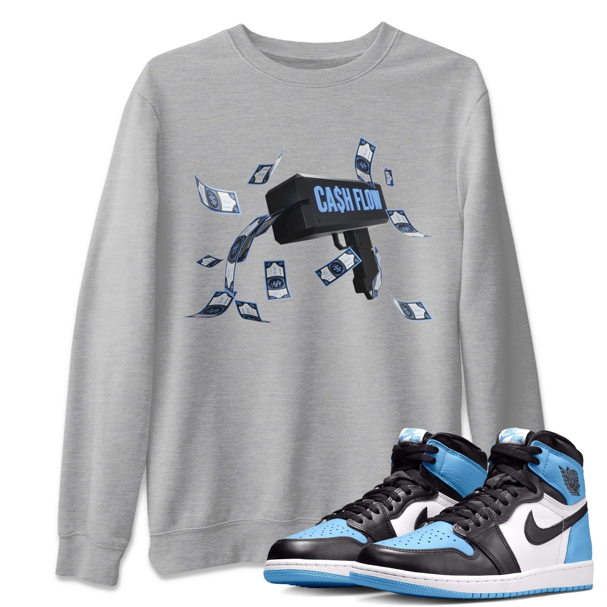 Air Jordan 1 Retro High OG UNC Toe Shirt to match Jordans Cash Flow Sneaker Tees 1s UNC Toe SNRT Sneaker Release Tees Crew Neck T-Shirts Heather Grey 1