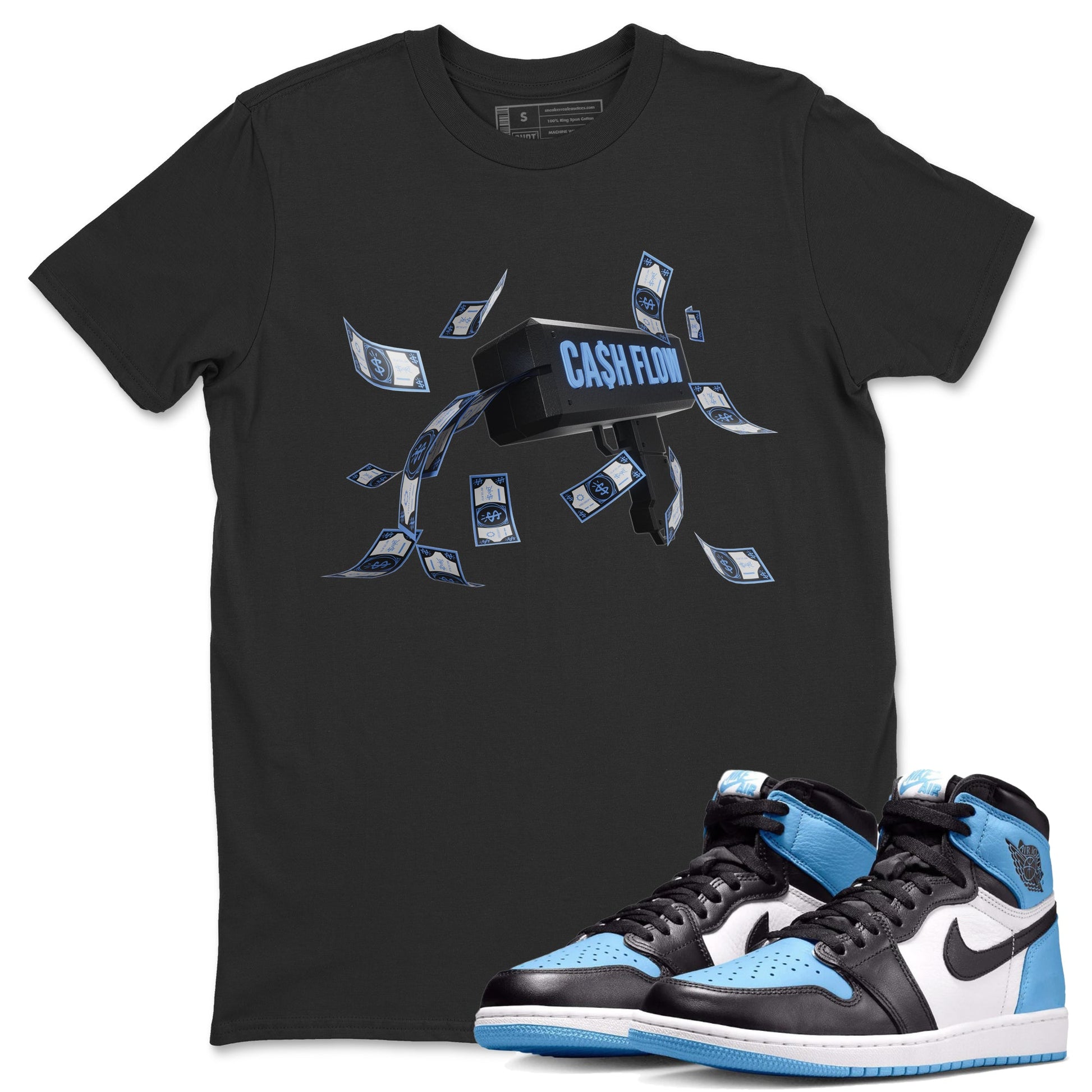 Air Jordan 1 Retro High OG UNC Toe Shirt to match Jordans Cash Flow Sneaker Tees 1s UNC Toe SNRT Sneaker Release Tees Crew Neck T-Shirts Black 1