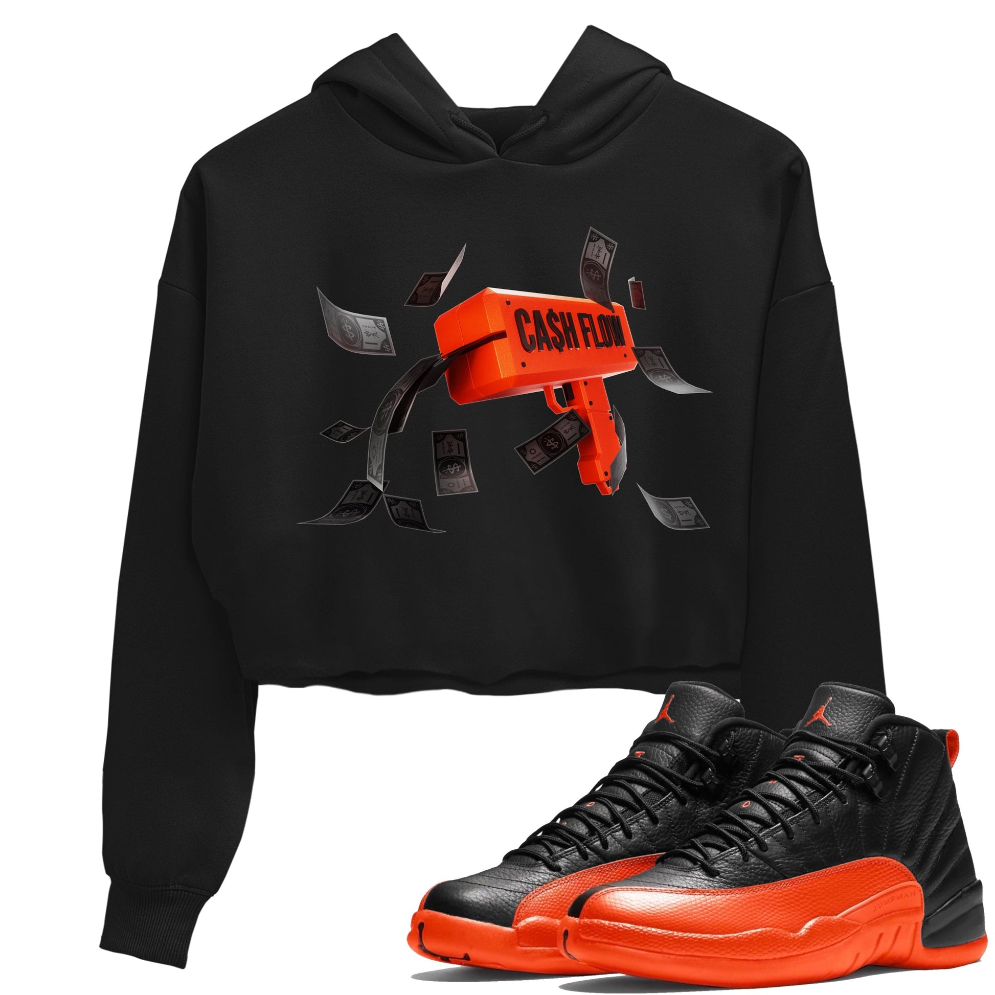 Air Jordan 12 Brilliant Orange Sneaker Match Tees Cash Flow Sneaker Tees AJ12 Brilliant Orange Sneaker Release Tees Women's Shirts Black 1