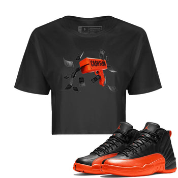 Air Jordan 12 Brilliant Orange Sneaker Match Tees Cash Flow Sneaker Tees AJ12 Brilliant Orange Sneaker Release Tees Women's Shirts Black 1