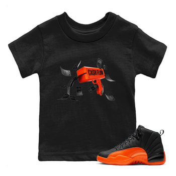 Air Jordan 12 Brilliant Orange Sneaker Match Tees Cash Flow Sneaker Tees AJ12 Brilliant Orange Sneaker Release Tees Kids Shirts Black 1