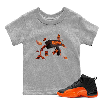 Air Jordan 12 Brilliant Orange Sneaker Match Tees Cash Flow Sneaker Tees AJ12 Brilliant Orange Sneaker Release Tees Kids Shirts Heather Grey 1