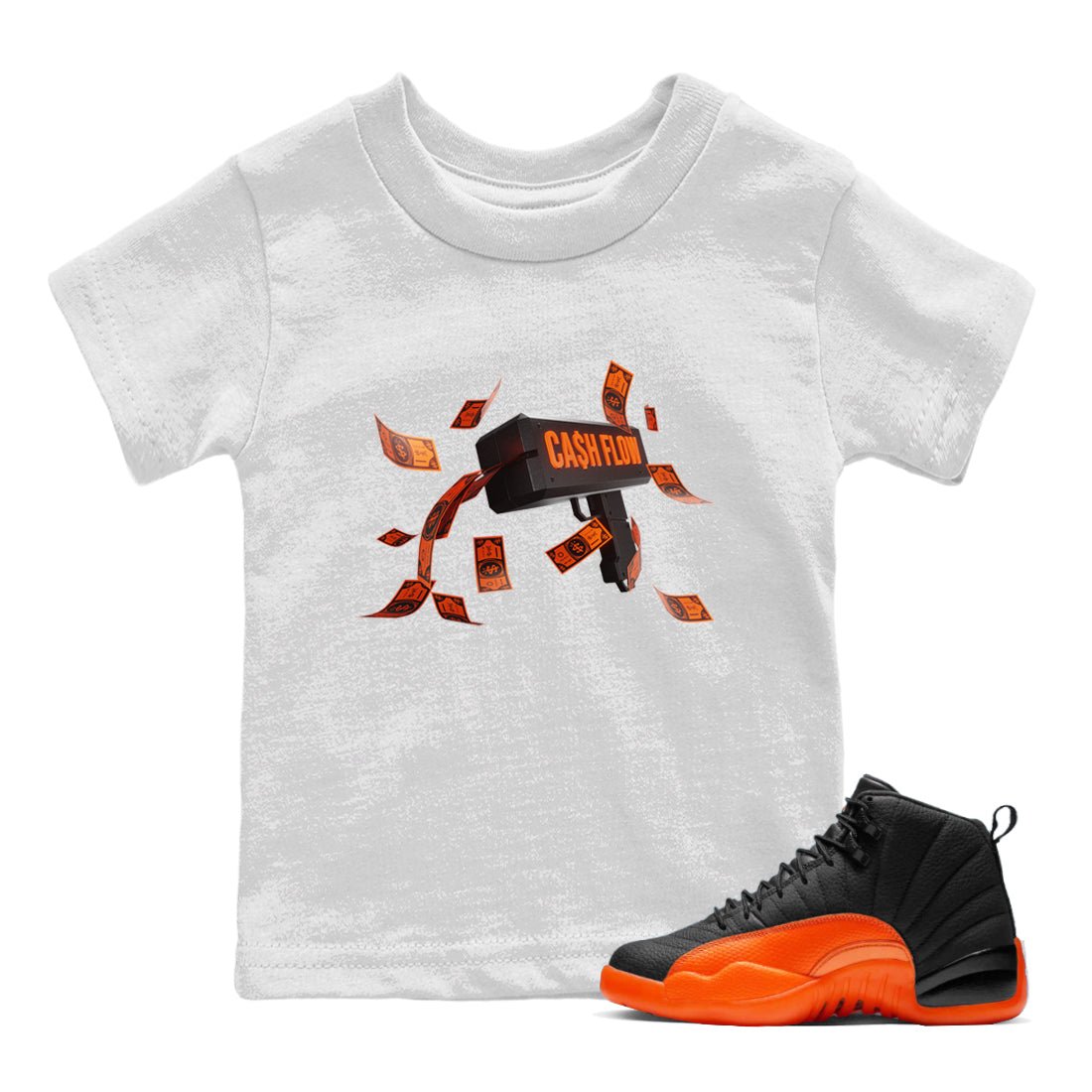 Air Jordan 12 Brilliant Orange Sneaker Match Tees Cash Flow Sneaker Tees AJ12 Brilliant Orange Sneaker Release Tees Kids Shirts White 1