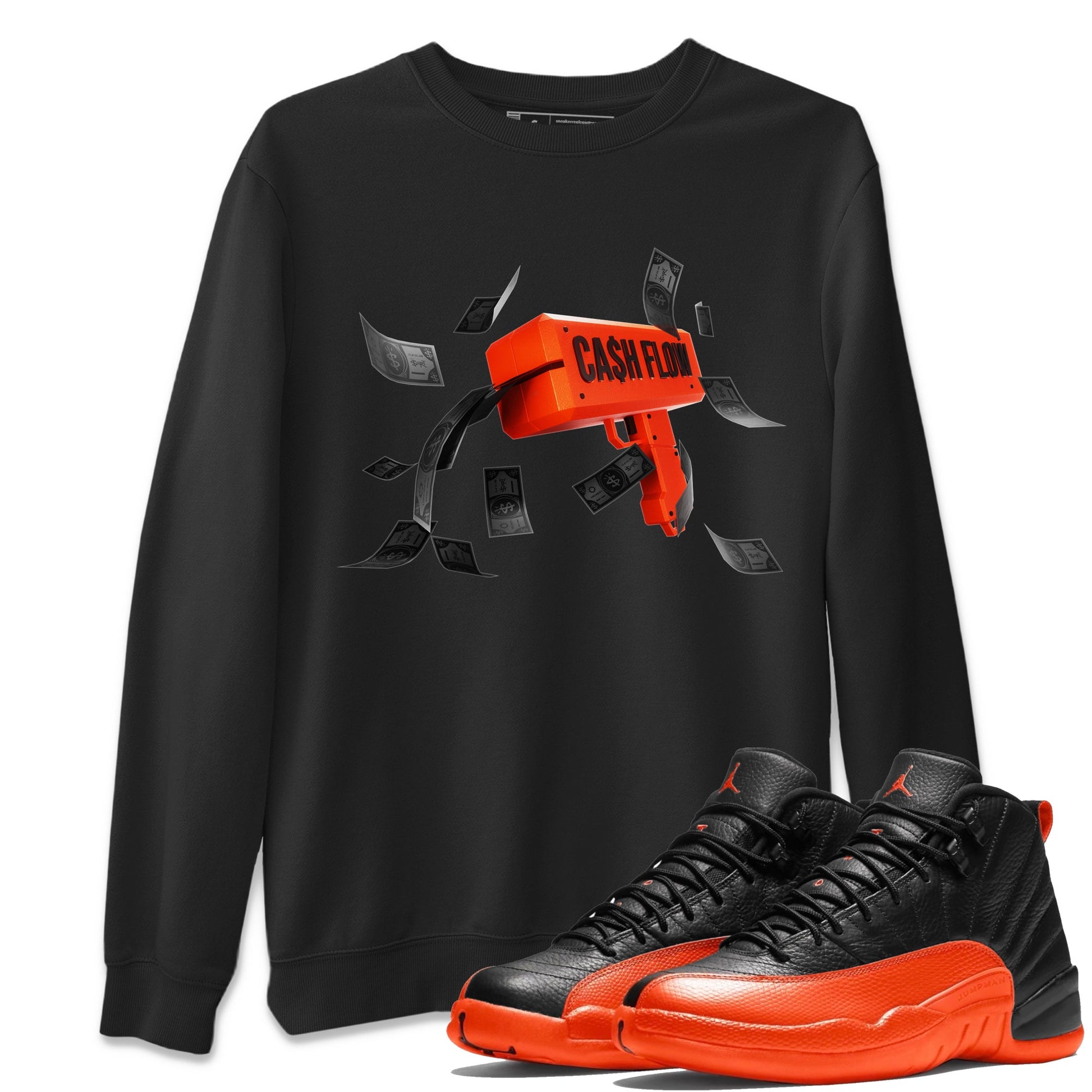 Air Jordan 12 Brilliant Orange Sneaker Match Tees Cash Flow Sneaker Tees AJ12 Brilliant Orange Sneaker Release Tees Unisex Shirts Black 1