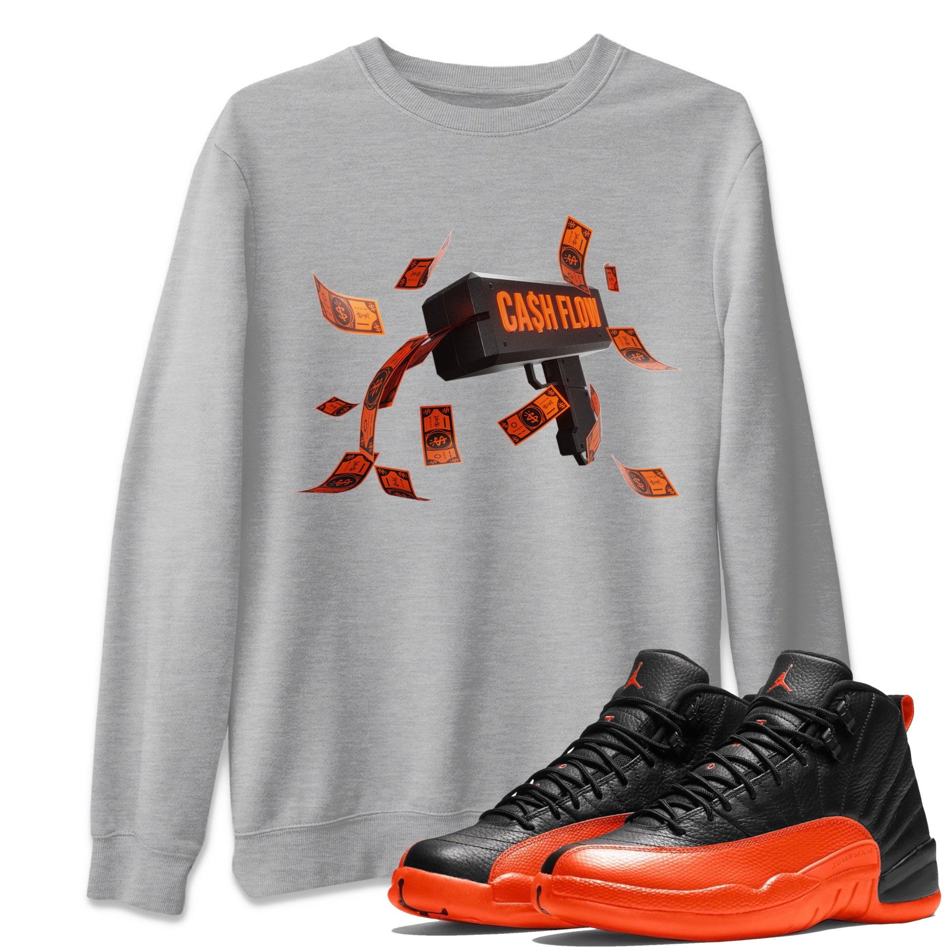 Air Jordan 12 Brilliant Orange Sneaker Match Tees Cash Flow Sneaker Tees AJ12 Brilliant Orange Sneaker Release Tees Unisex Shirts Heather Grey 1