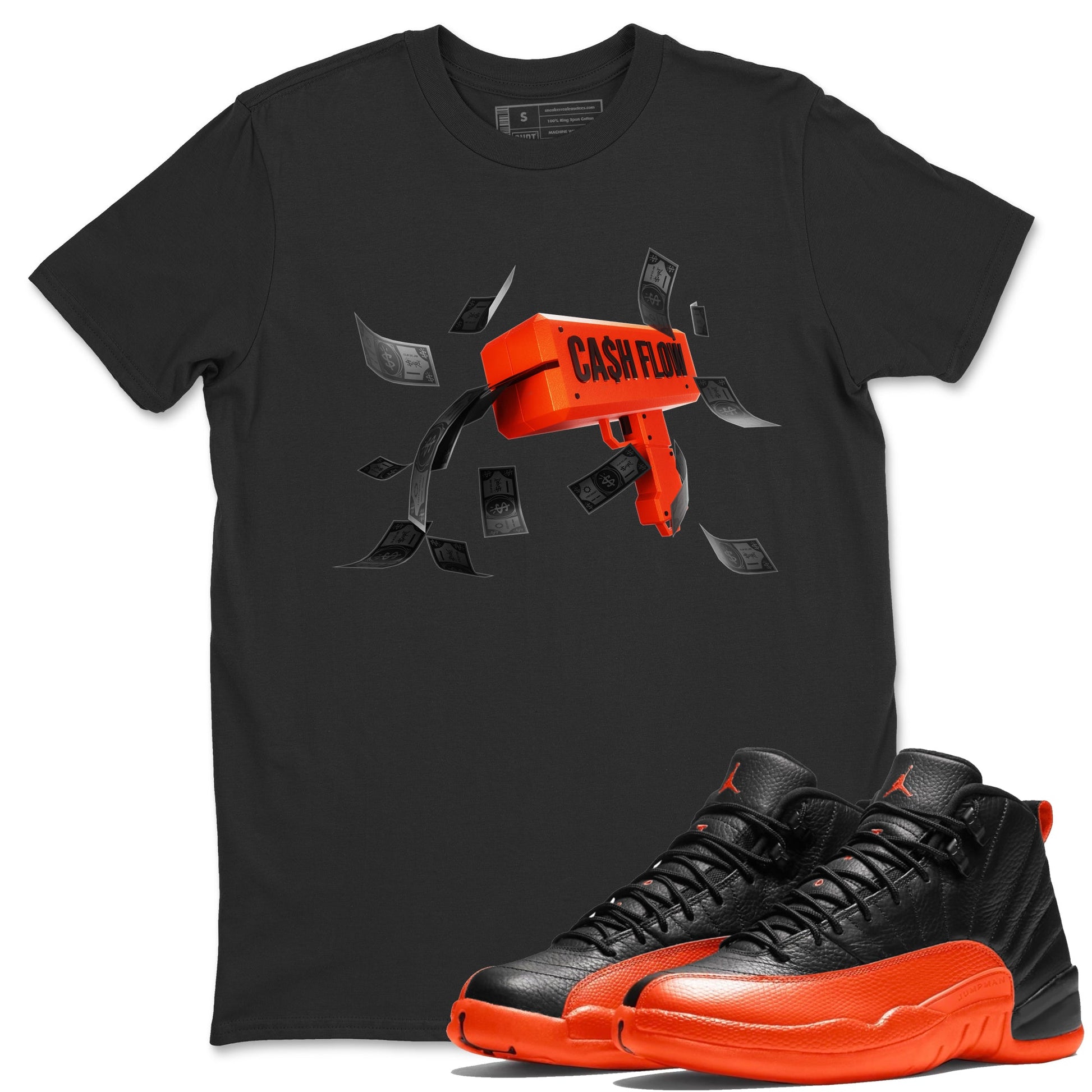 Air Jordan 12 Brilliant Orange Sneaker Match Tees Cash Flow Sneaker Tees AJ12 Brilliant Orange Sneaker Release Tees Unisex Shirts Black 1