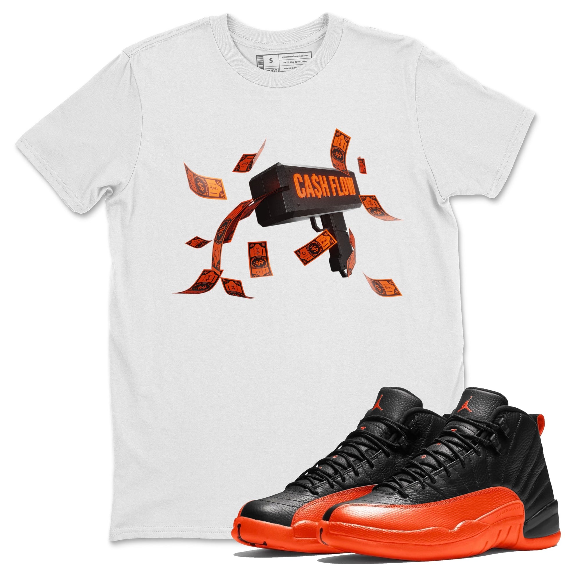 Air Jordan 12 Brilliant Orange Sneaker Match Tees Cash Flow Sneaker Tees AJ12 Brilliant Orange Sneaker Release Tees Unisex Shirts White 1