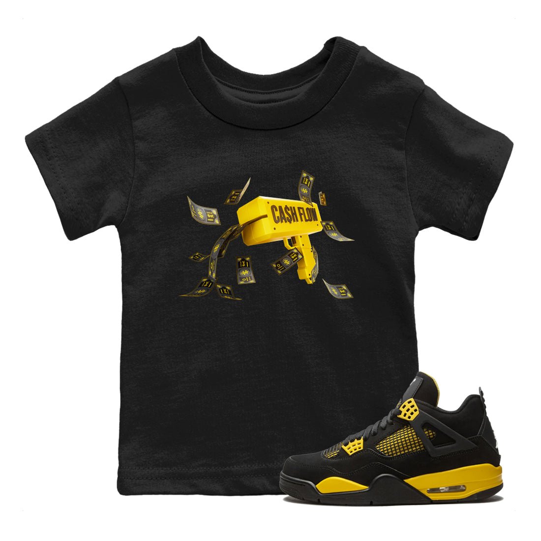 Air Jordan 4 Thunder Sneaker Match Tees Cash Flow Sneaker Tees AJ4 Thunder Sneaker Release Tees Kids Shirts Black 1