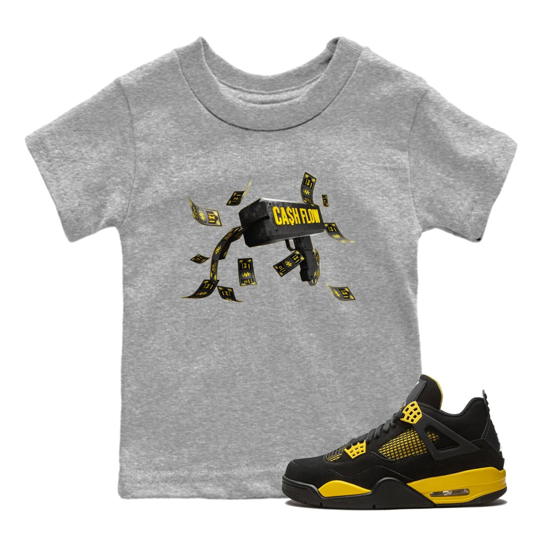 Air Jordan 4 Thunder Sneaker Match Tees Cash Flow Sneaker Tees AJ4 Thunder Sneaker Release Tees Kids Shirts Heather Grey 1
