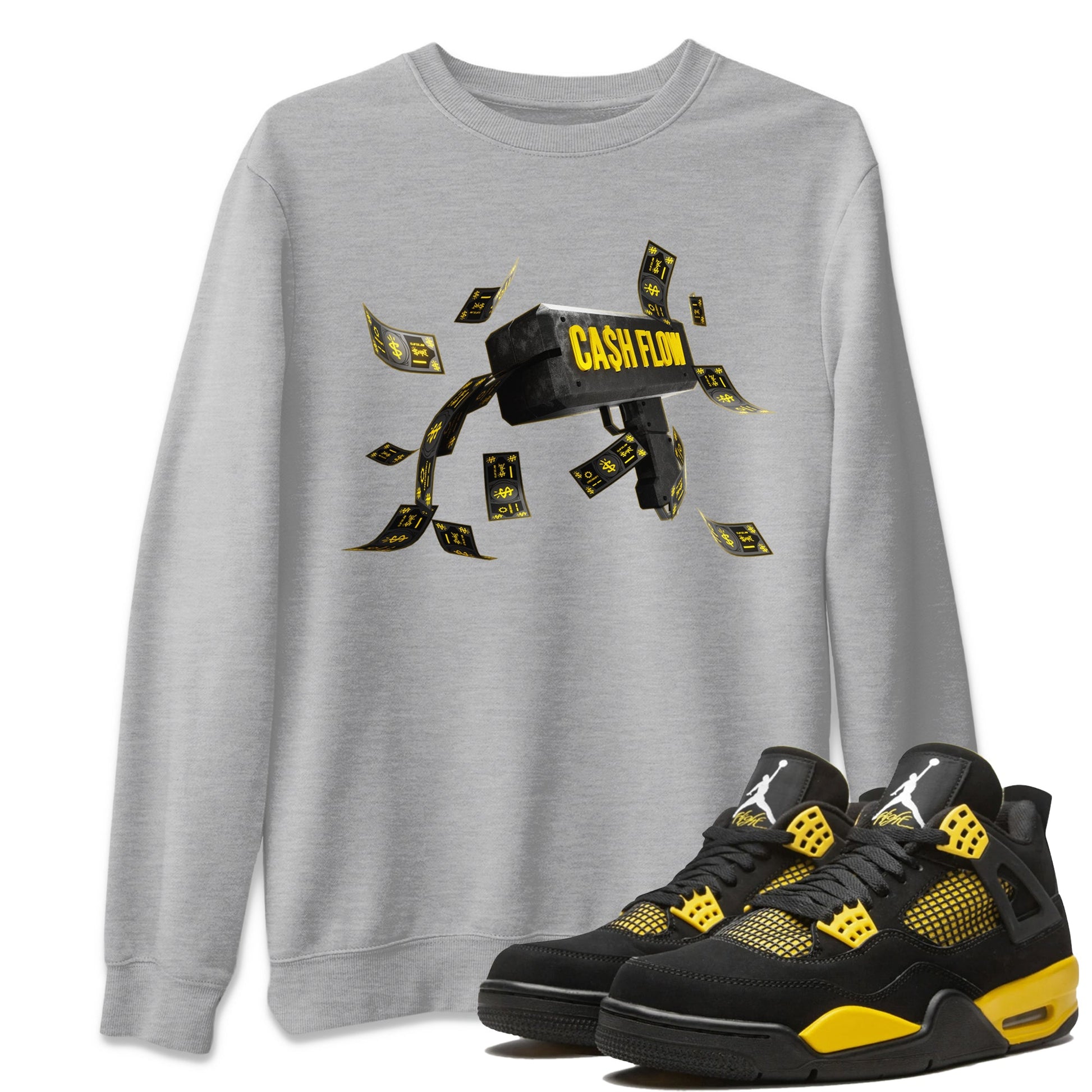 Air Jordan 4 Thunder Sneaker Match Tees Cash Flow Sneaker Tees AJ4 Thunder Sneaker Release Tees Unisex Shirts Heather Grey 1