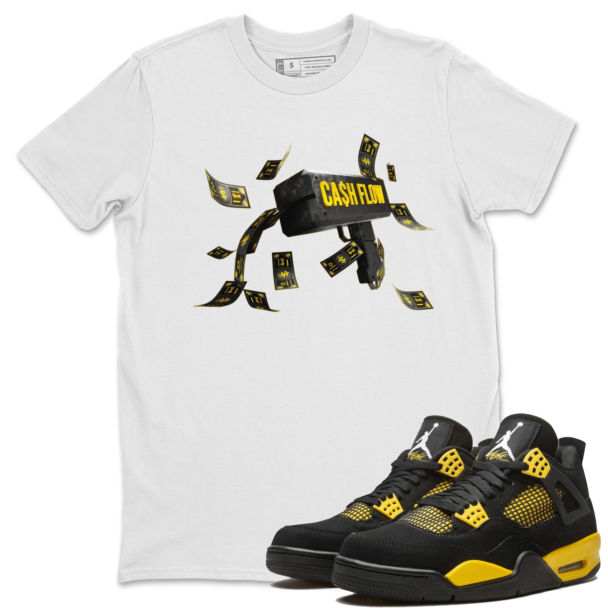Air Jordan 4 Thunder Sneaker Match Tees Cash Flow Sneaker Tees AJ4 Thunder Sneaker Release Tees Unisex Shirts White 1