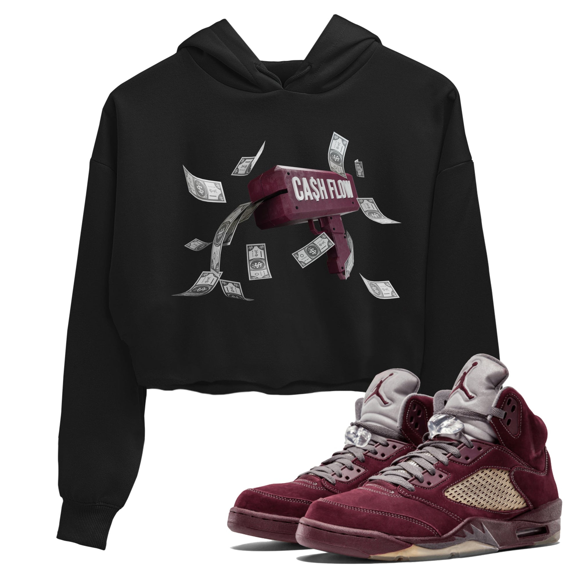 Air Jordan 5 Burgundy Sneaker Match Tees Cash Flow Sneaker Tees AJ5 Burgundy Sneaker Release Tees Women's Shirts Black 1