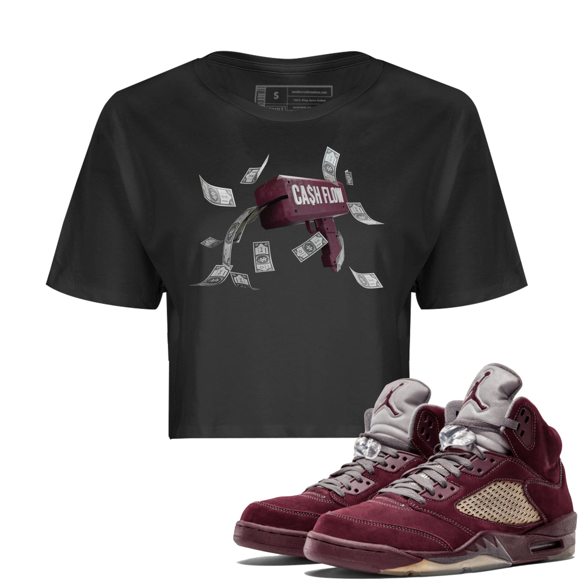 Air Jordan 5 Burgundy Sneaker Match Tees Cash Flow Sneaker Tees AJ5 Burgundy Sneaker Release Tees Women's Shirts Black 1