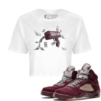 Air Jordan 5 Burgundy Sneaker Match Tees Cash Flow Sneaker Tees AJ5 Burgundy Sneaker Release Tees Women's Shirts White 1