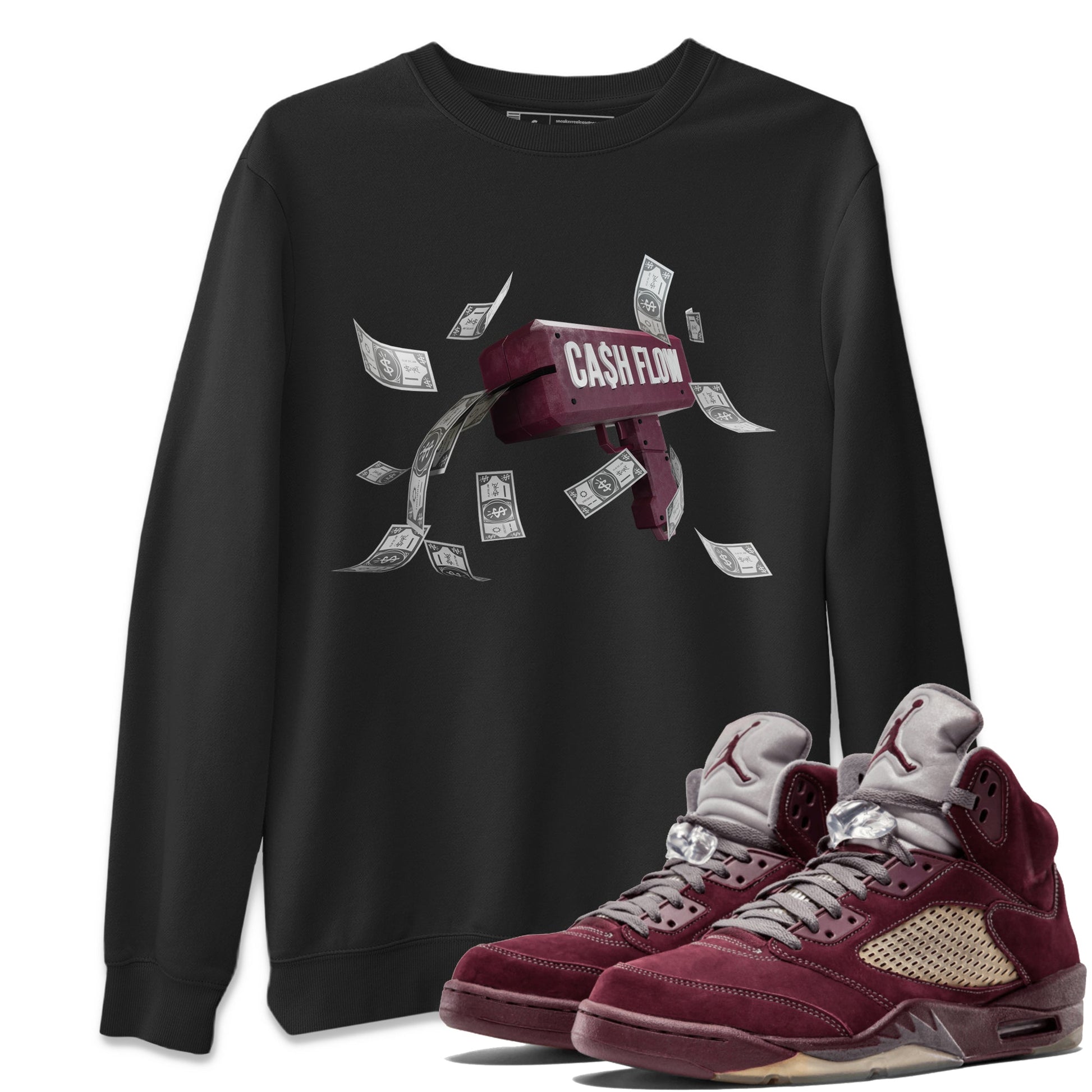 Air Jordan 5 Burgundy Sneaker Match Tees Cash Flow Sneaker Tees AJ5 Burgundy Sneaker Release Tees Unisex Shirts Black 1