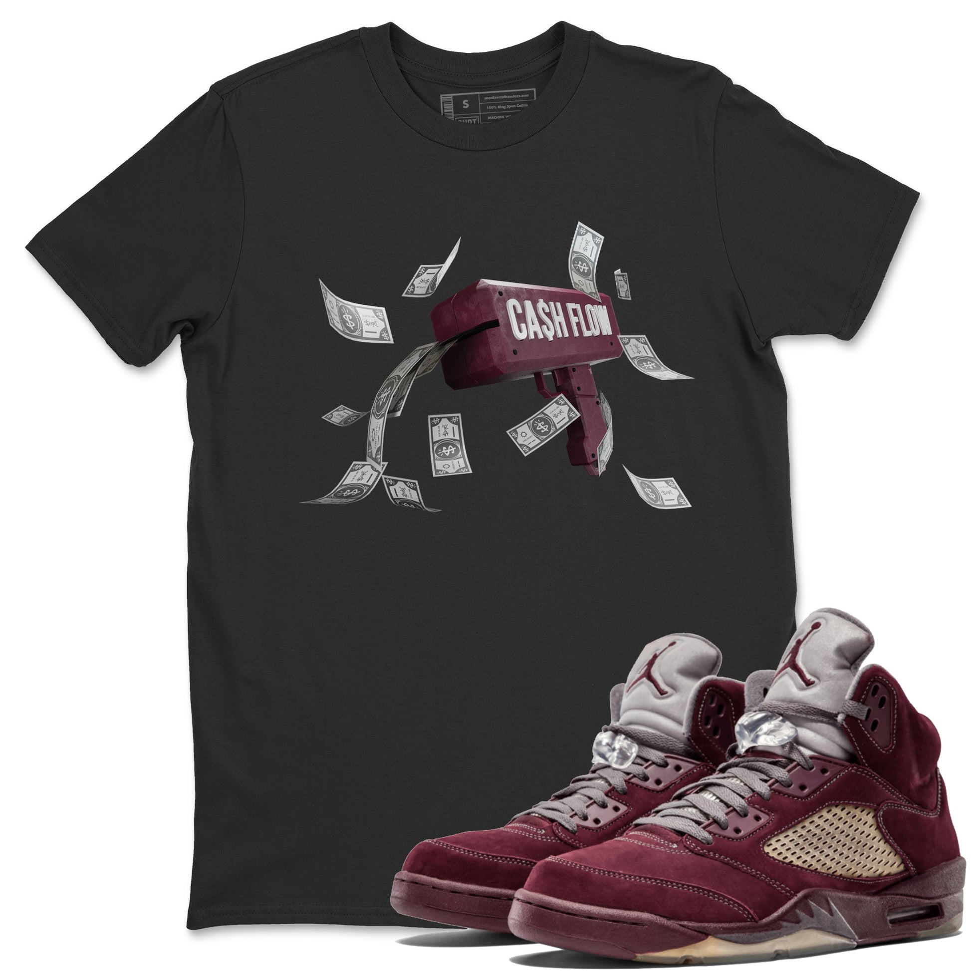 Air Jordan 5 Burgundy Sneaker Match Tees Cash Flow Sneaker Tees AJ5 Burgundy Sneaker Release Tees Unisex Shirts Black 1