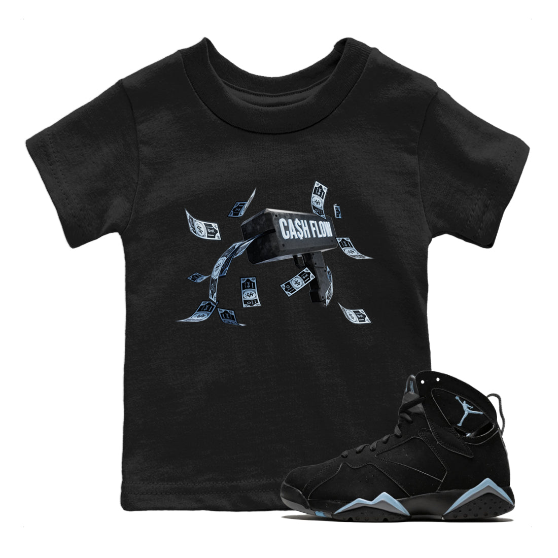 Air Jordan 7 Chambray Sneaker Match Tees Cash Flow Sneaker Tees AJ7 Chambray Sneaker Release Tees Kids Shirts Black 1