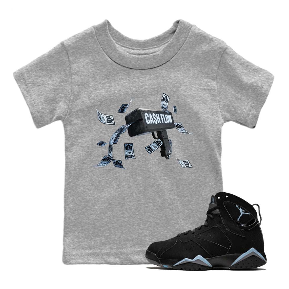 Air Jordan 7 Chambray Sneaker Match Tees Cash Flow Sneaker Tees AJ7 Chambray Sneaker Release Tees Kids Shirts Heather Grey 1