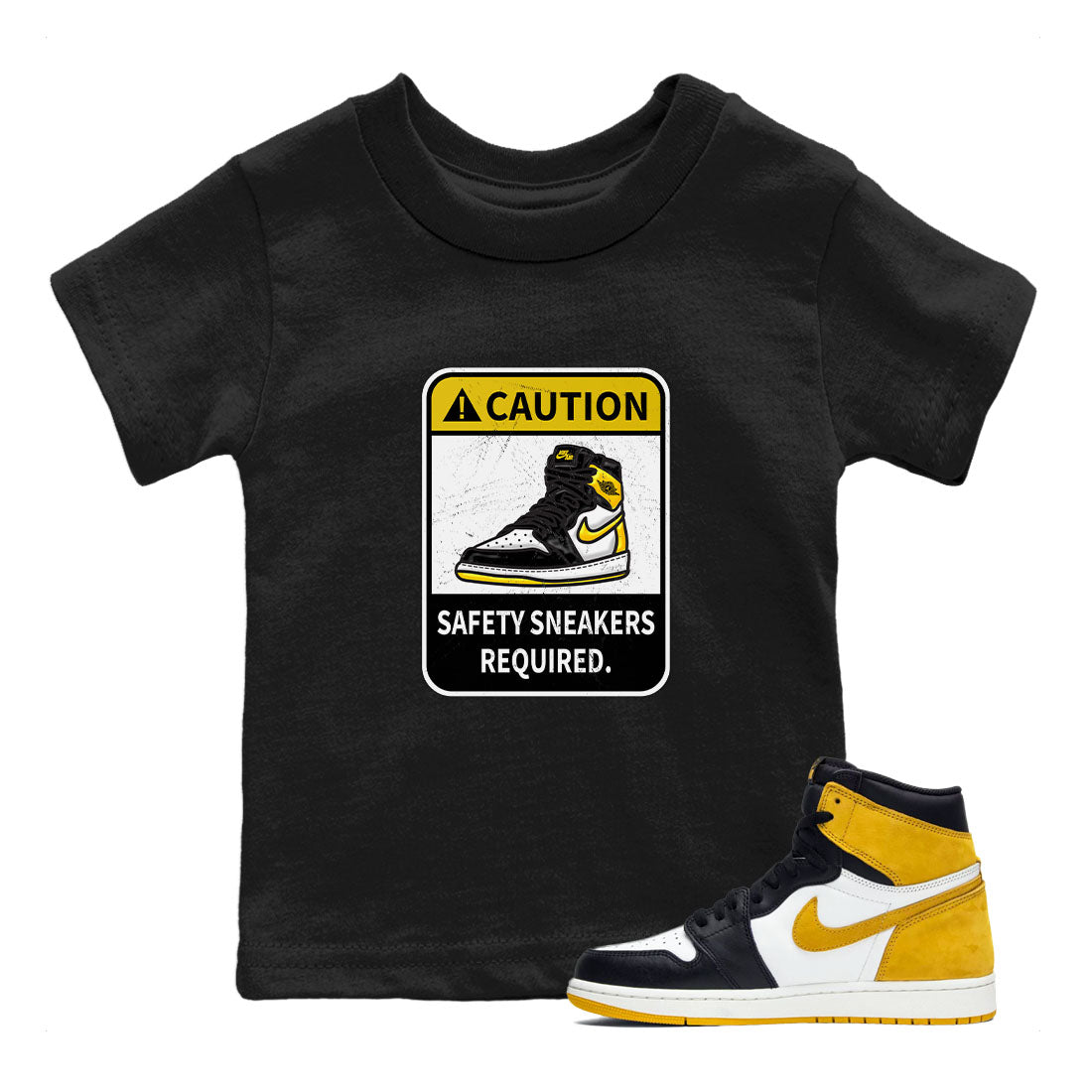 1s Yellow Ochre shirt to match jordans Caution sneaker tees Air Jordan 1 High OG Yellow Ochre SNRT sneaker release tees baby toddler Black 1 cotton Shirt