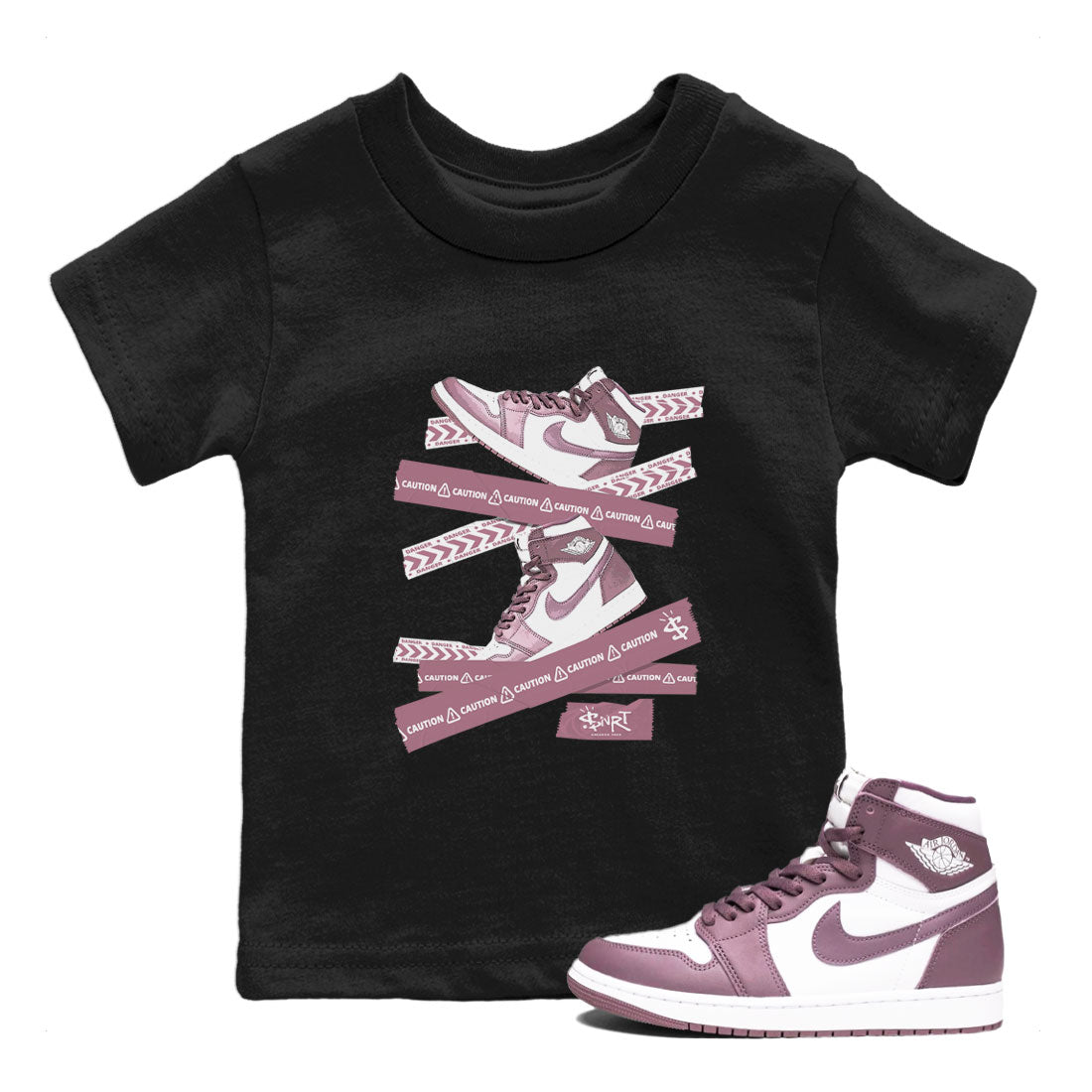 Air Jordan 1 Mauve shirt to match jordans Caution Tape sneaker matching t-shirt Jordan 1 High OG Mauve SNRT Sneaker Release Tees Baby Toddler Black 1 T-Shirt