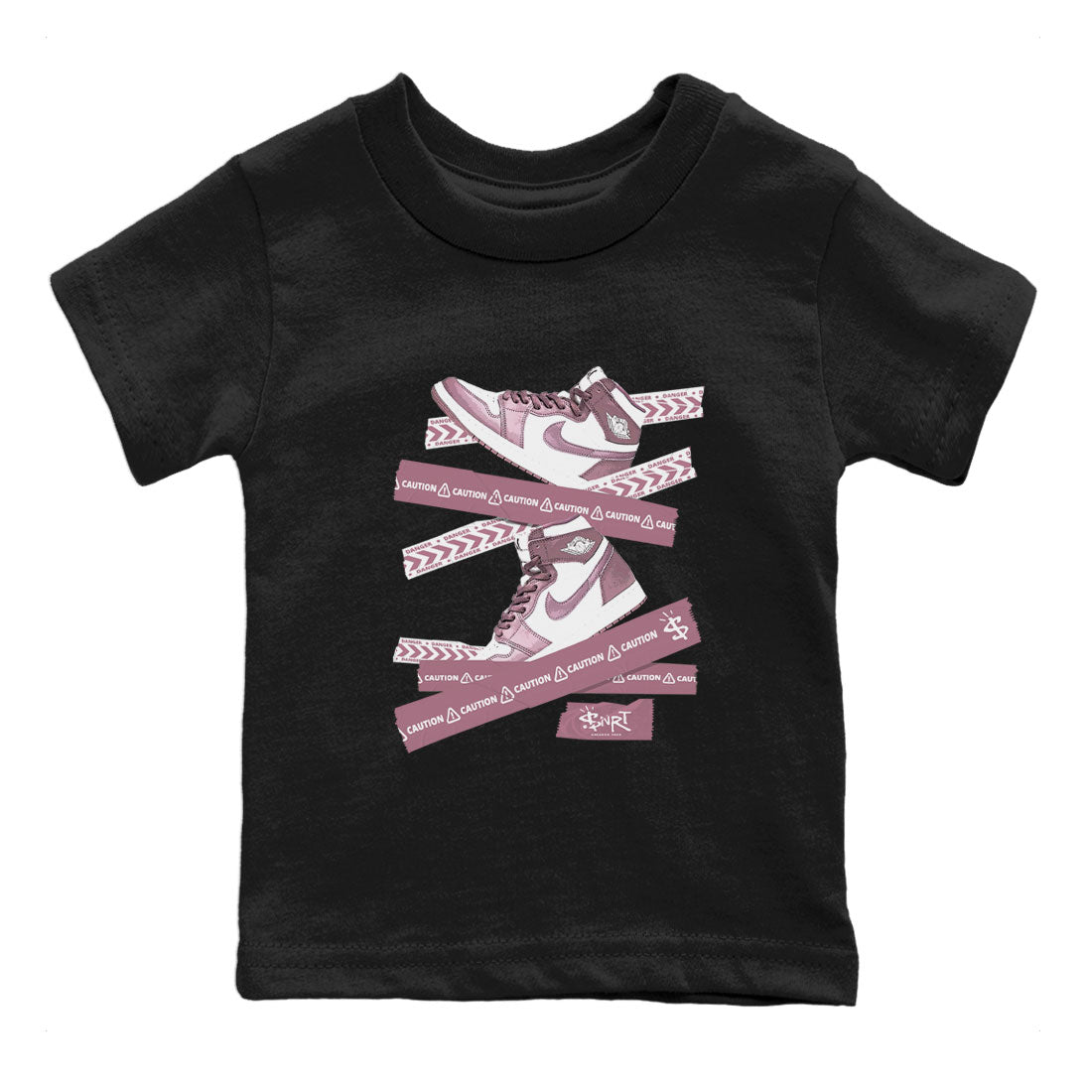 Air Jordan 1 Mauve shirt to match jordans Caution Tape sneaker matching t-shirt Jordan 1 High OG Mauve SNRT Sneaker Release Tees Baby Toddler Black 2 T-Shirt