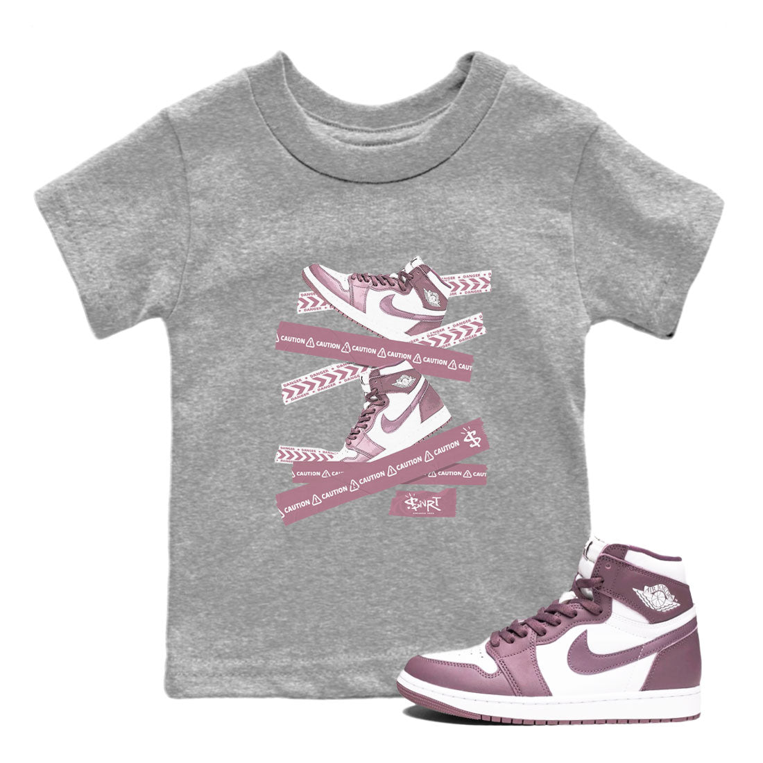 Air Jordan 1 Mauve shirt to match jordans Caution Tape sneaker matching t-shirt Jordan 1 High OG Mauve SNRT Sneaker Release Tees Baby Toddler Heather Grey 1 T-Shirt
