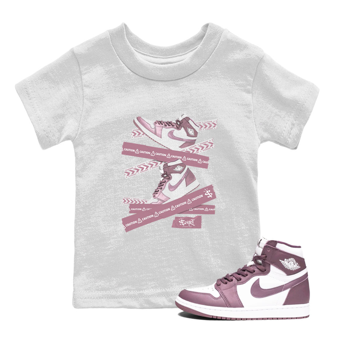 Air Jordan 1 Mauve shirt to match jordans Caution Tape sneaker matching t-shirt Jordan 1 High OG Mauve SNRT Sneaker Release Tees Baby Toddler White 1 T-Shirt