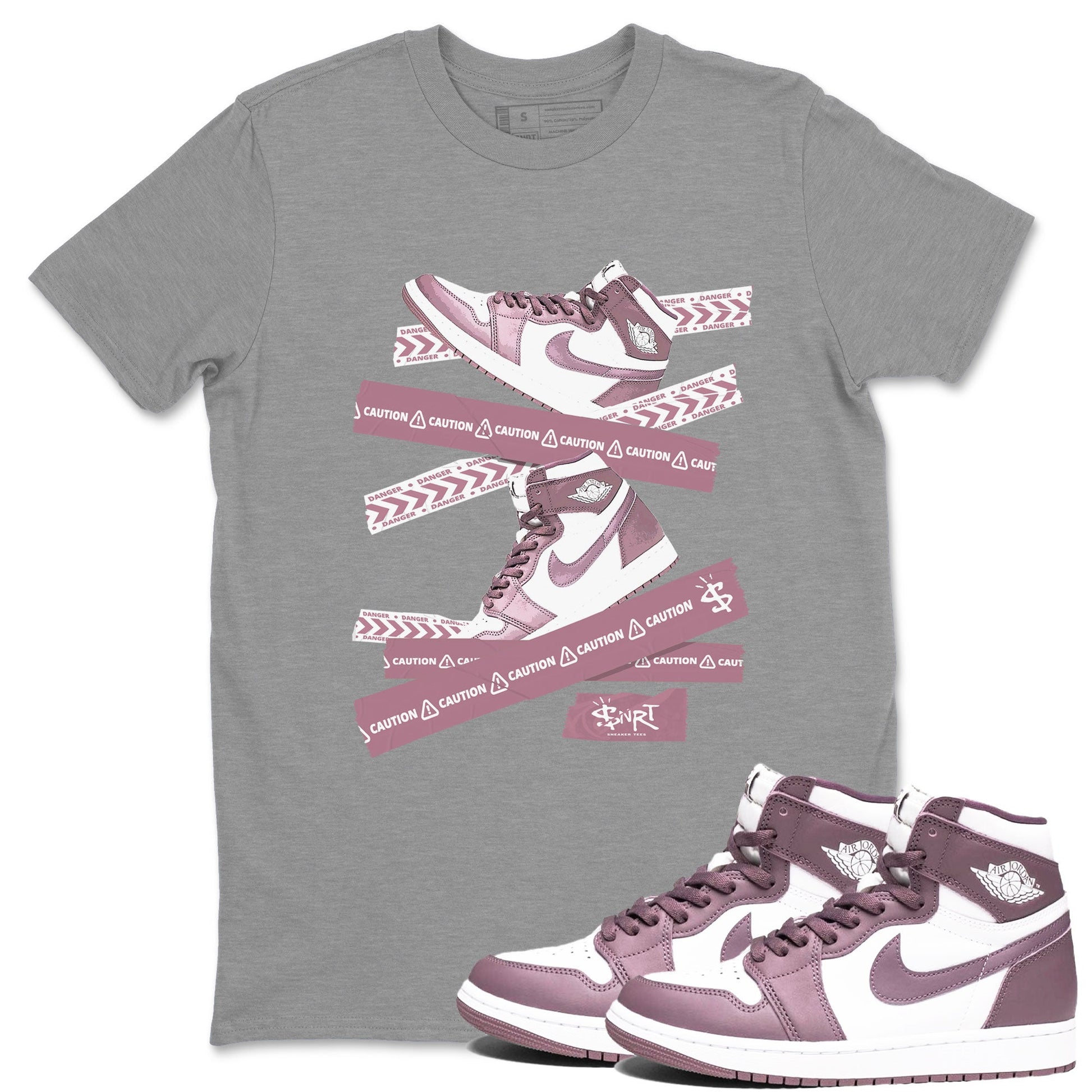 Air Jordan 1 Mauve shirt to match jordans Caution Tape sneaker matching t-shirt Jordan 1 High OG Mauve SNRT Sneaker Release Tees Unisex Heather Grey 1 T-Shirt
