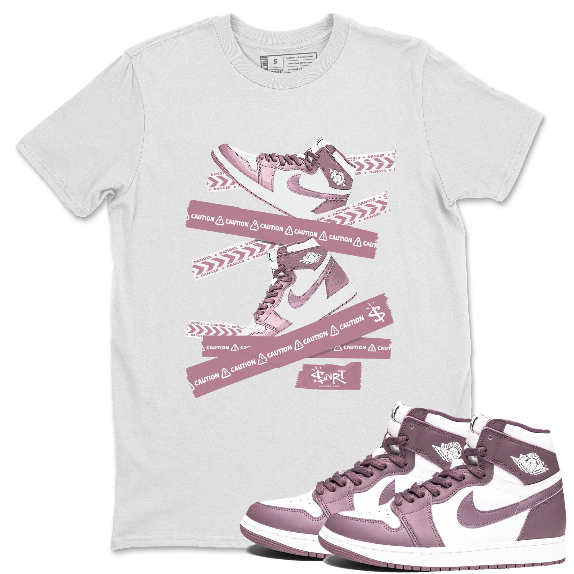 Air Jordan 1 Mauve shirt to match jordans Caution Tape sneaker matching t-shirt Jordan 1 High OG Mauve SNRT Sneaker Release Tees Unisex White 1 T-Shirt