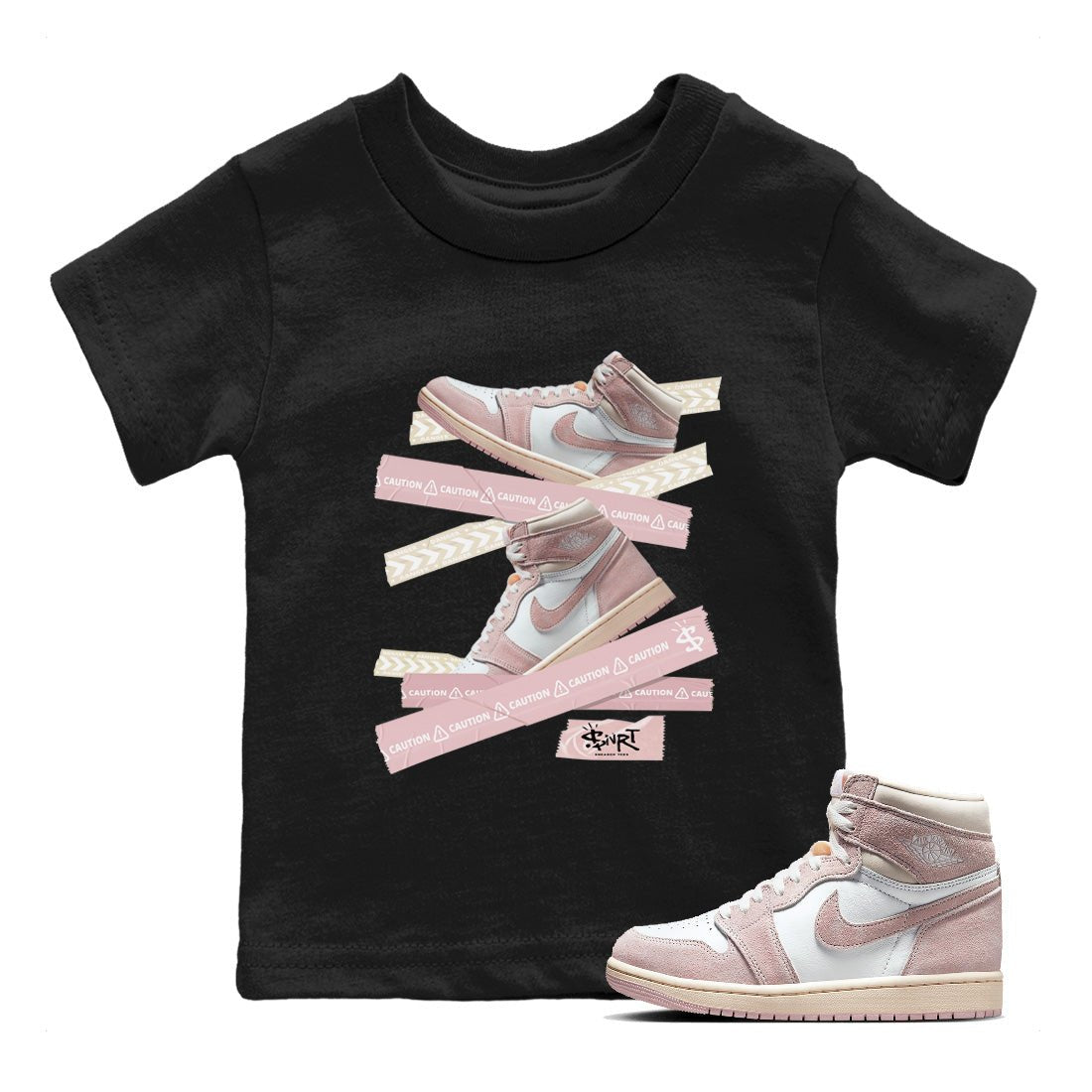 Air Jordan 1 Washed Pink Sneaker Match Tees Caution Tape Sneaker Tees Air Jordan 1 High OG WMNS Washed Pink Sneaker Release Tees Kids Shirts Black 1