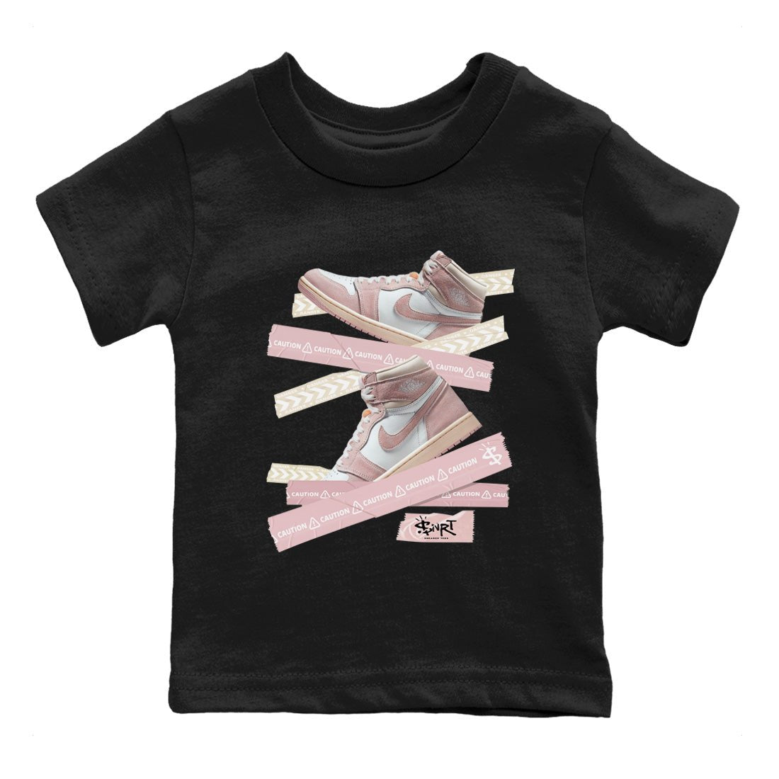 Air Jordan 1 Washed Pink Sneaker Match Tees Caution Tape Sneaker Tees Air Jordan 1 High OG WMNS Washed Pink Sneaker Release Tees Kids Shirts Black 2