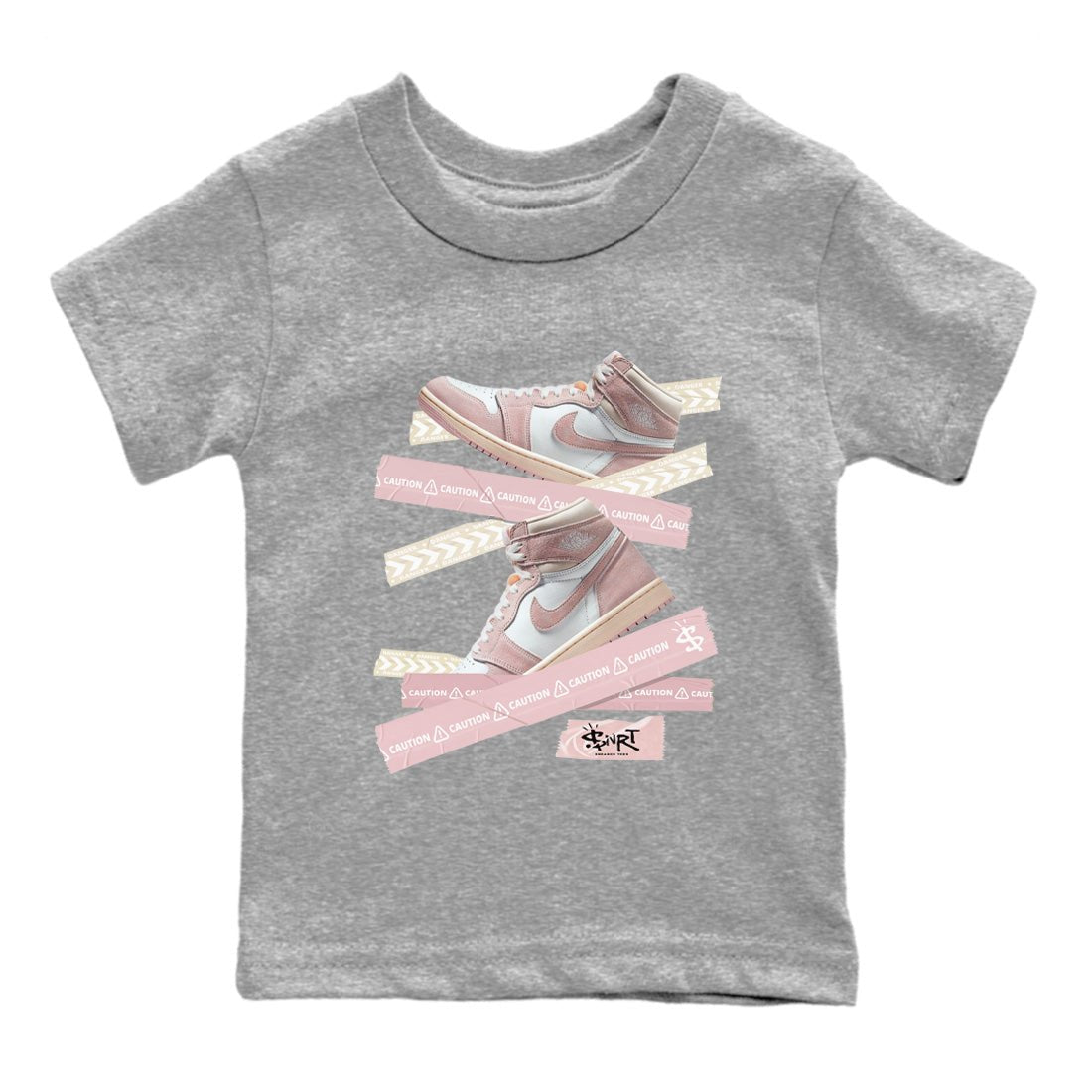 Air Jordan 1 Washed Pink Sneaker Match Tees Caution Tape Sneaker Tees Air Jordan 1 High OG WMNS Washed Pink Sneaker Release Tees Kids Shirts Heather Grey 2
