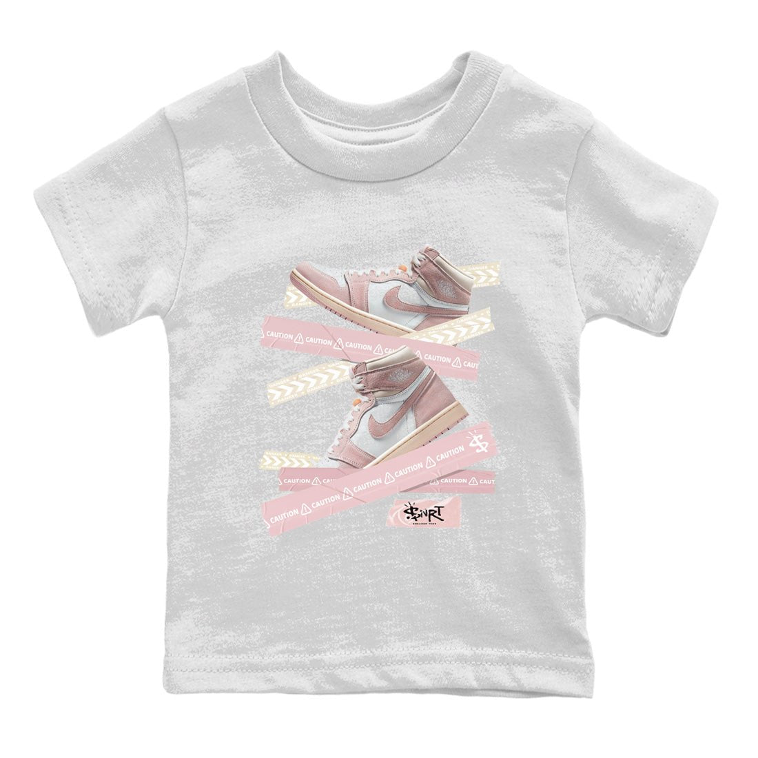 Air Jordan 1 Washed Pink Sneaker Match Tees Caution Tape Sneaker Tees Air Jordan 1 High OG WMNS Washed Pink Sneaker Release Tees Kids Shirts White 2
