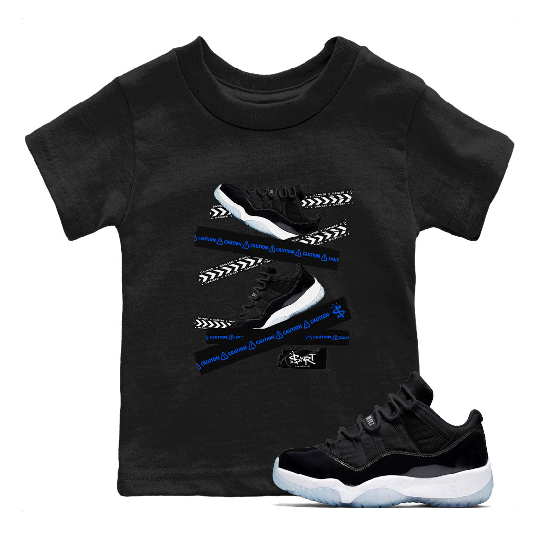 Air Jordan 11 Low Space shirt to match jordans Caution Tape sneaker tees Air Jordan 11 Black/Varsity Royal SNRT Sneaker Release Tees Streetwear baby toddler Black 1 cotton Shirt