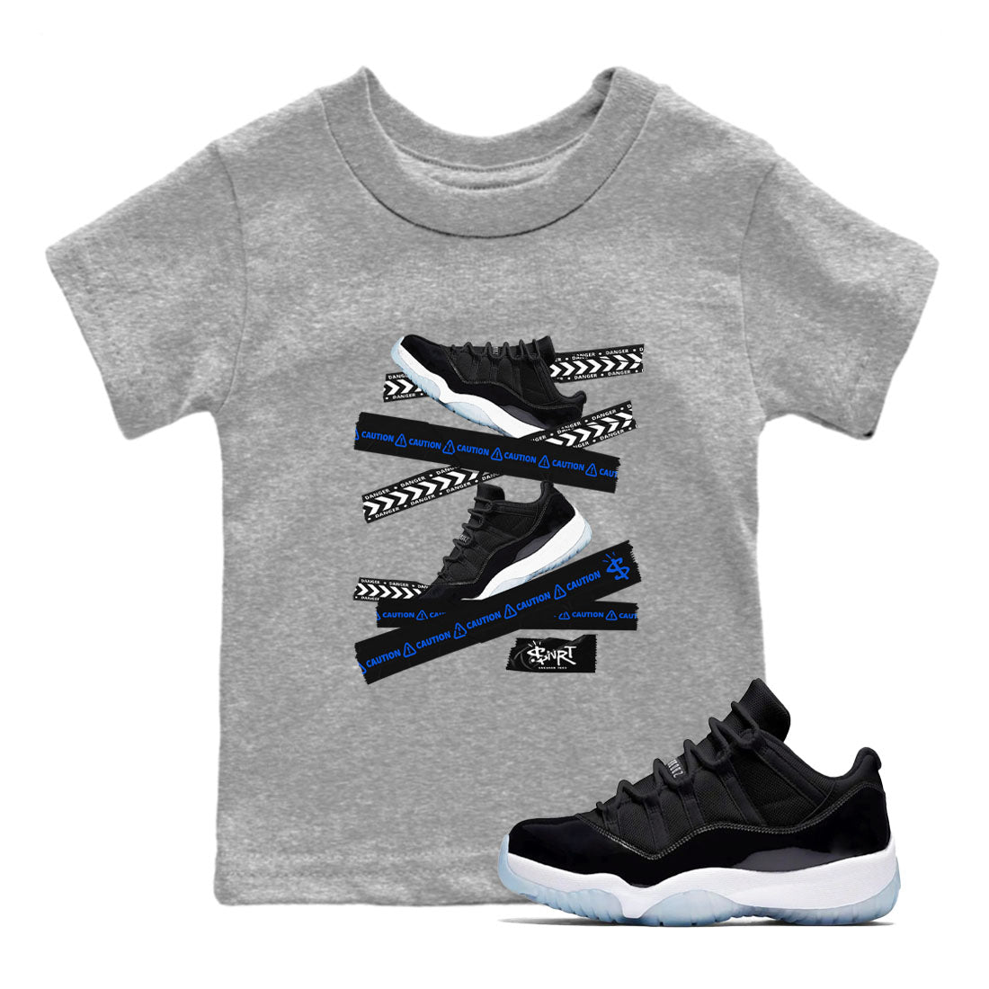 Air Jordan 11 Low Space shirt to match jordans Caution Tape sneaker tees Air Jordan 11 Black/Varsity Royal SNRT Sneaker Release Tees Streetwear baby toddler Heather Grey 1 cotton Shirt