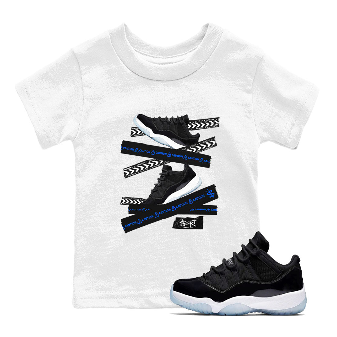 Air Jordan 11 Low Space shirt to match jordans Caution Tape sneaker tees Air Jordan 11 Black/Varsity Royal SNRT Sneaker Release Tees Streetwear baby toddler White 1 cotton Shirt