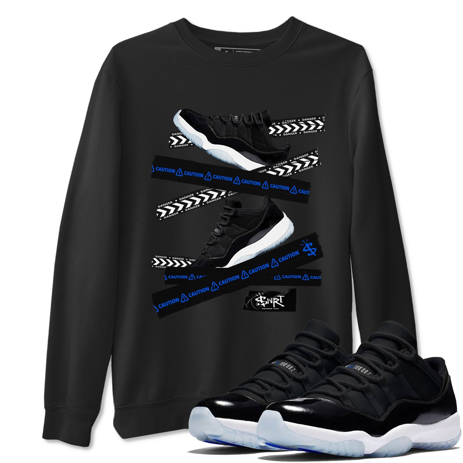 Air Jordan 11 Low Space shirt to match jordans Caution Tape sneaker tees Air Jordan 11 Black/Varsity Royal SNRT Sneaker Release Tees Streetwear unisex cotton Black 1 crew neck shirt