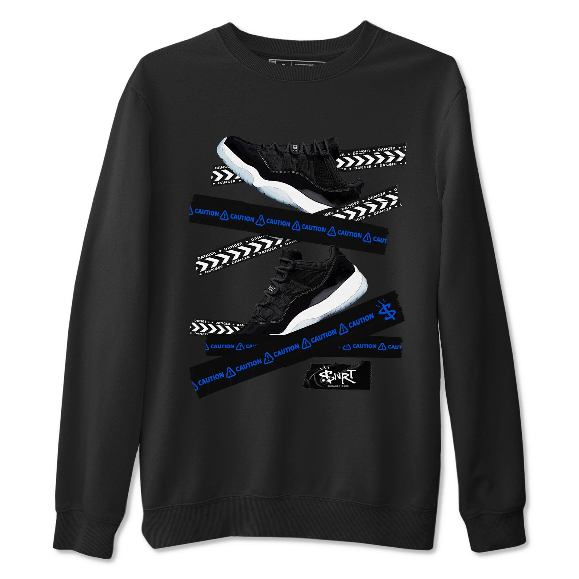 Air Jordan 11 Low Space shirt to match jordans Caution Tape sneaker tees Air Jordan 11 Black/Varsity Royal SNRT Sneaker Release Tees Streetwear unisex cotton Black 2 crew neck shirt
