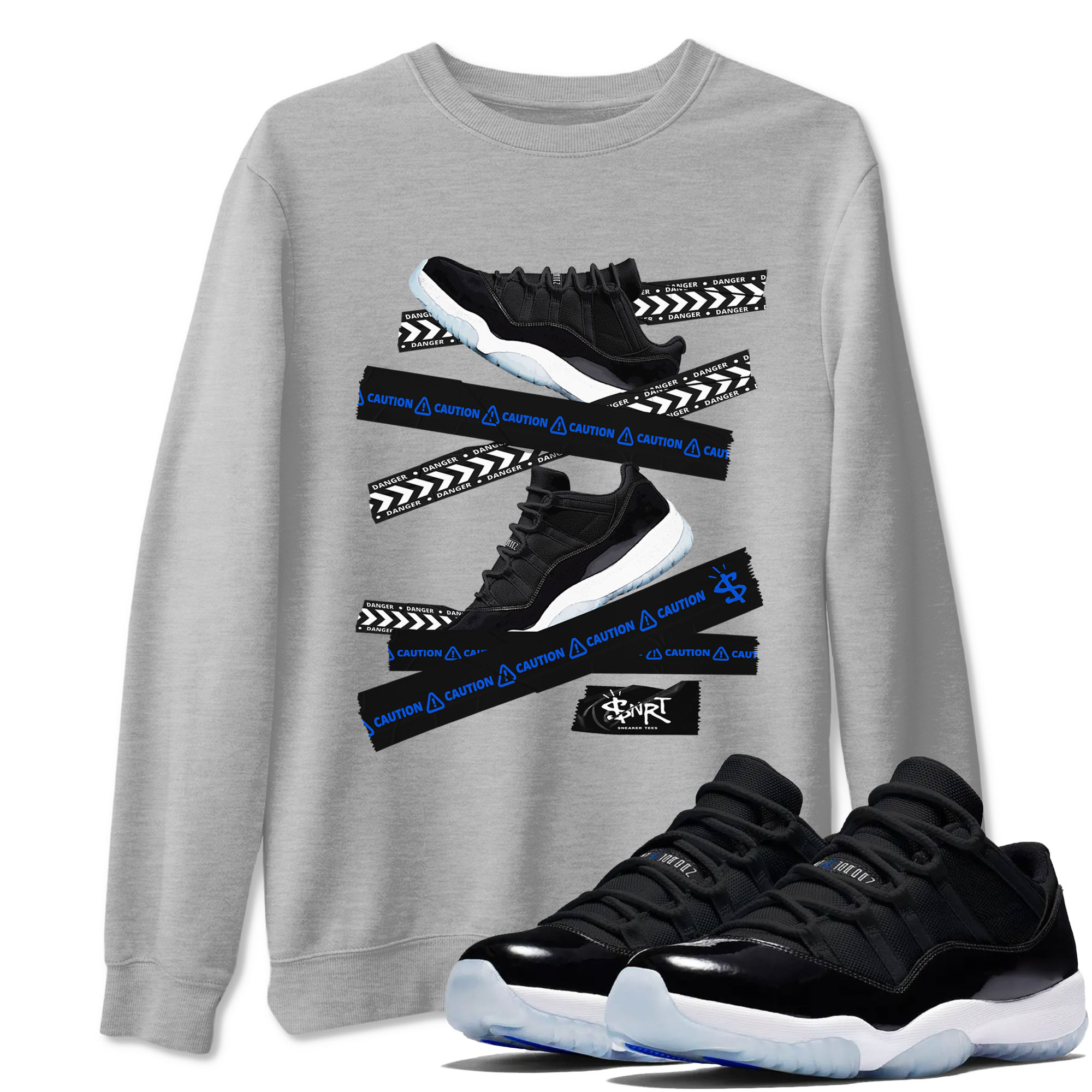 Air Jordan 11 Low Space shirt to match jordans Caution Tape sneaker tees Air Jordan 11 Black/Varsity Royal SNRT Sneaker Release Tees Streetwear unisex cotton Heather Grey 1 crew neck shirt