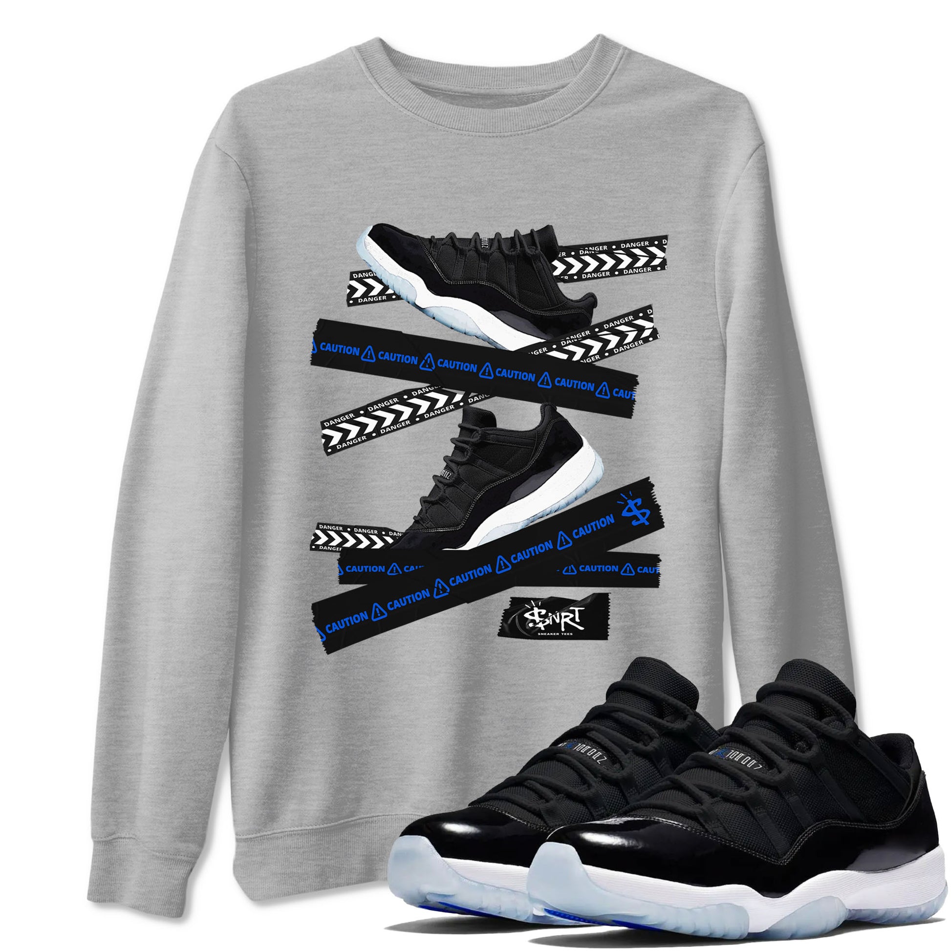 Air Jordan 11 Low Space shirt to match jordans Caution Tape sneaker tees Air Jordan 11 Black/Varsity Royal SNRT Sneaker Release Tees Streetwear unisex cotton Heather Grey 1 crew neck shirt