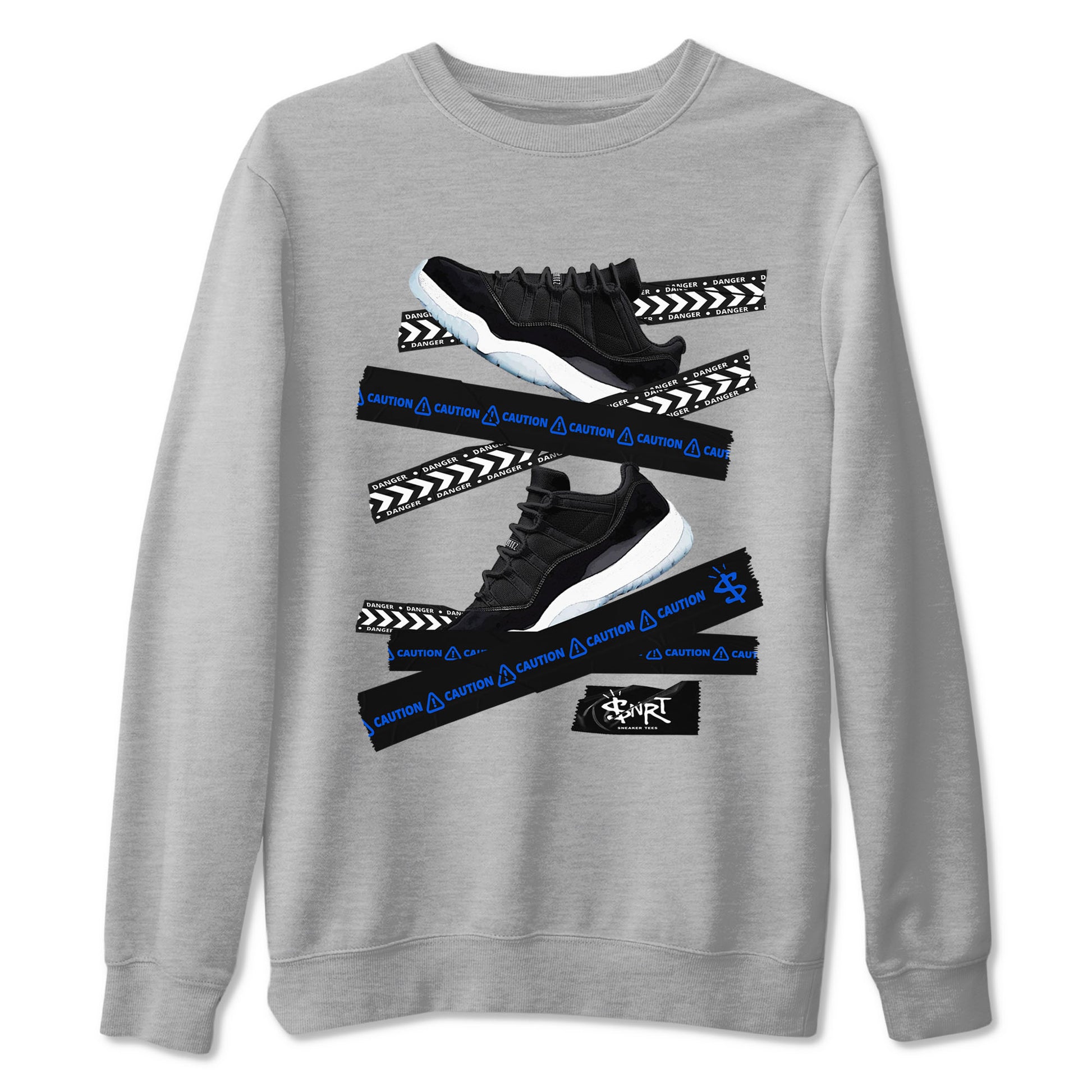 Air Jordan 11 Low Space shirt to match jordans Caution Tape sneaker tees Air Jordan 11 Black/Varsity Royal SNRT Sneaker Release Tees Streetwear unisex cotton Heather Grey 2 crew neck shirt