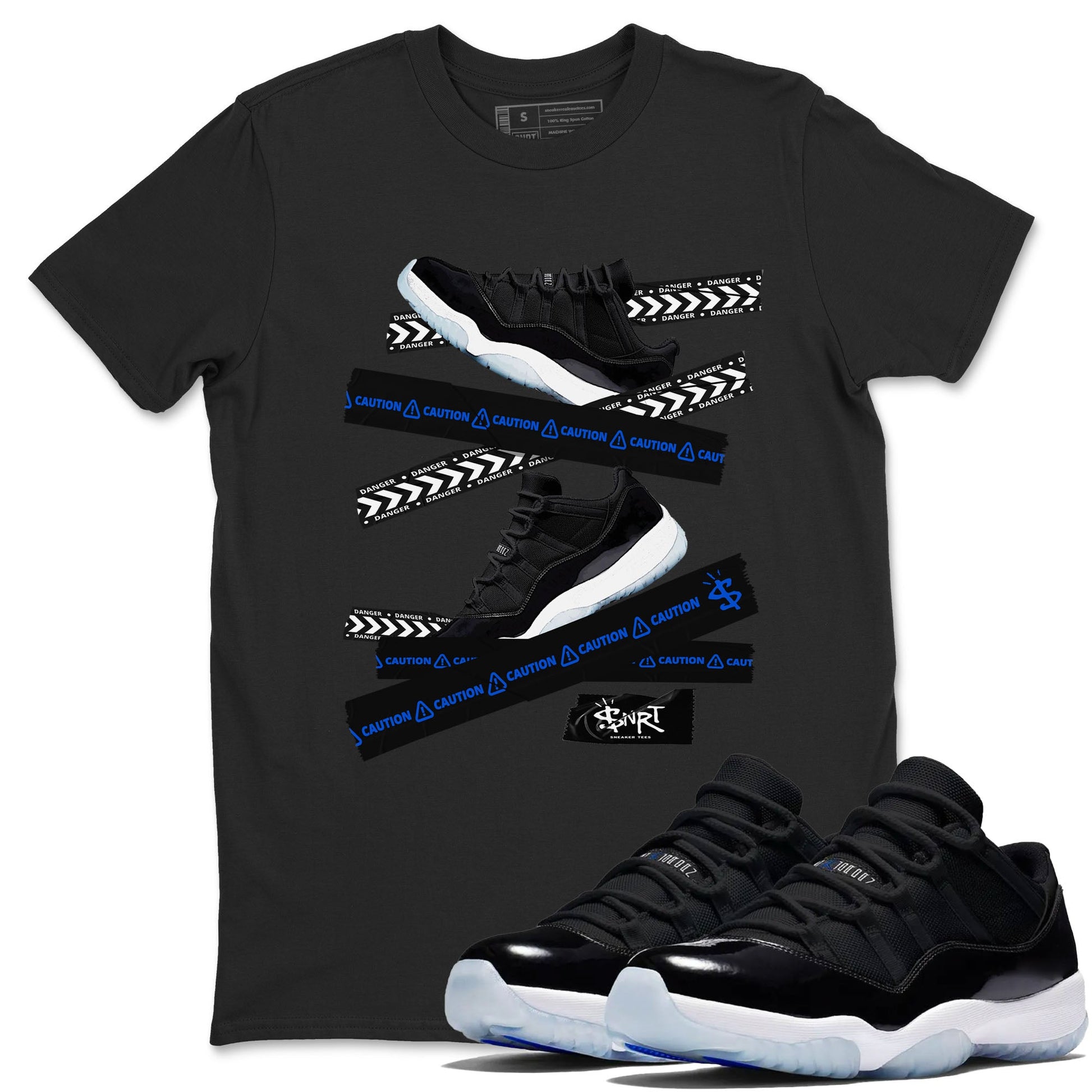 Air Jordan 11 Low Space shirt to match jordans Caution Tape sneaker tees Air Jordan 11 Black/Varsity Royal SNRT Sneaker Release Tees Streetwear unisex cotton Black 1 crew neck shirt